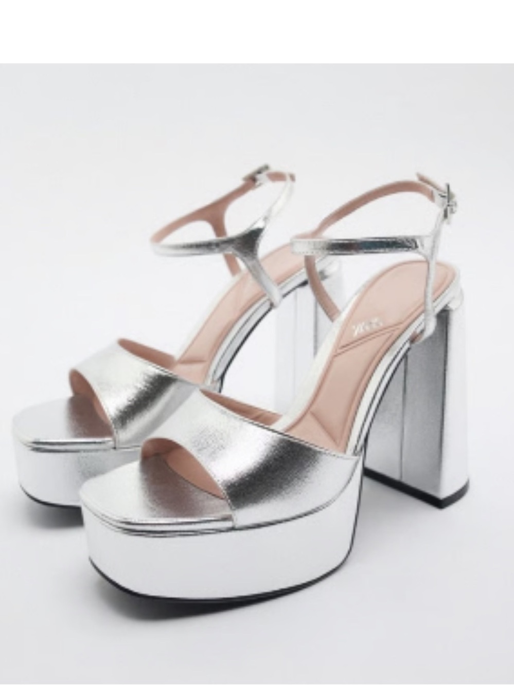 Zara Silver Metallic Platform Block Heel Sandals size 35